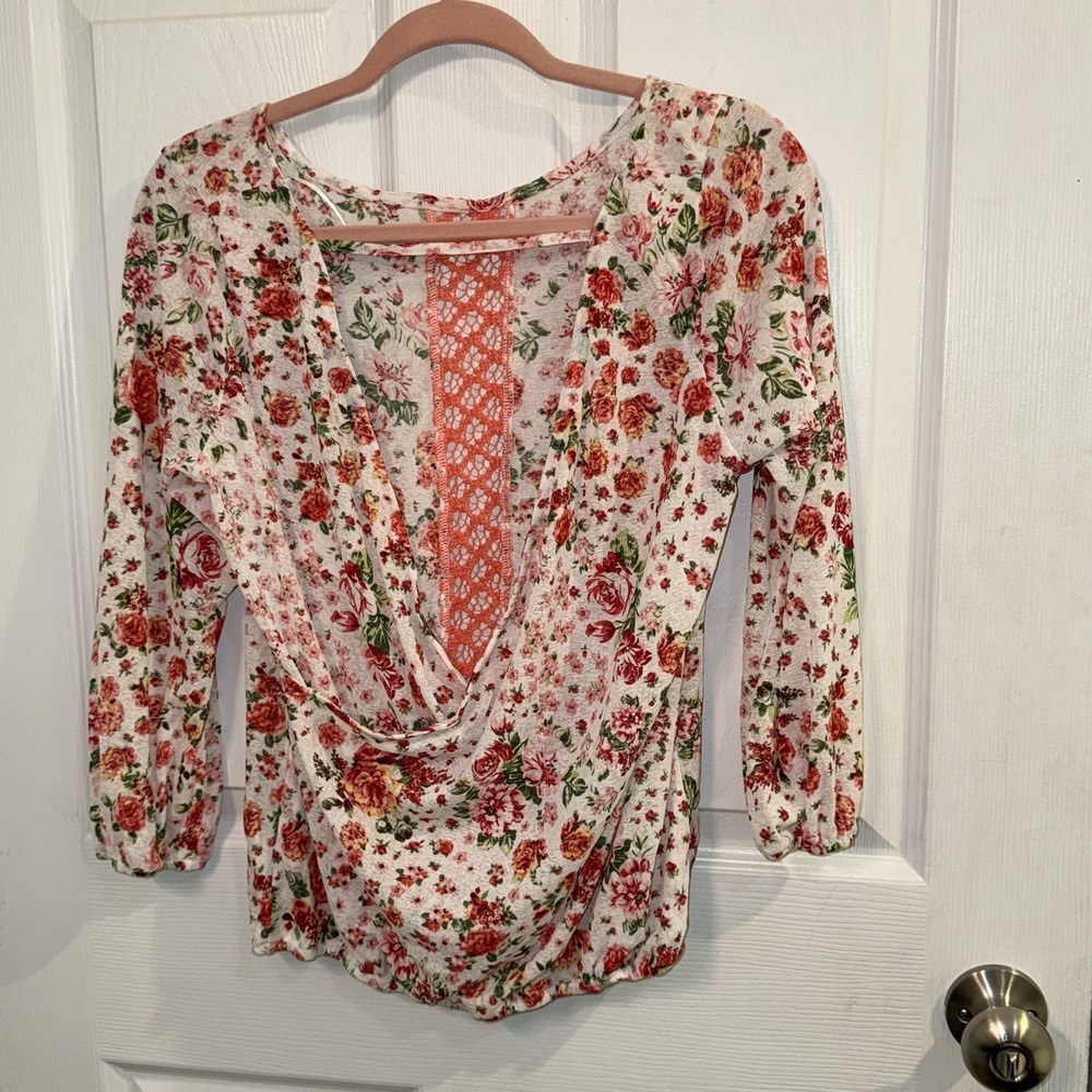 Y2K Deb Large Coquette Floral‎ Lace Drape Blouse Pink Sheer Romantic Top